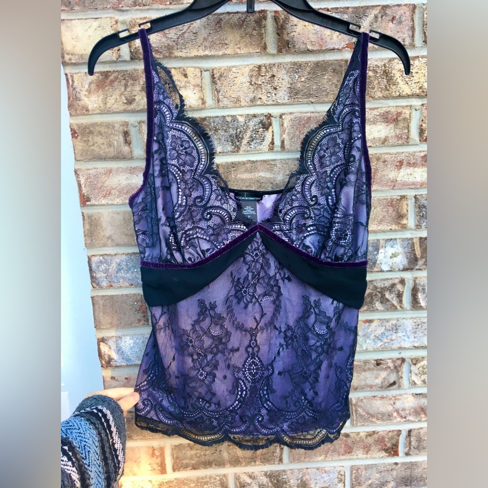 Black & Purple Lace & Velvet Goth Vamp Overlay Bustier Top